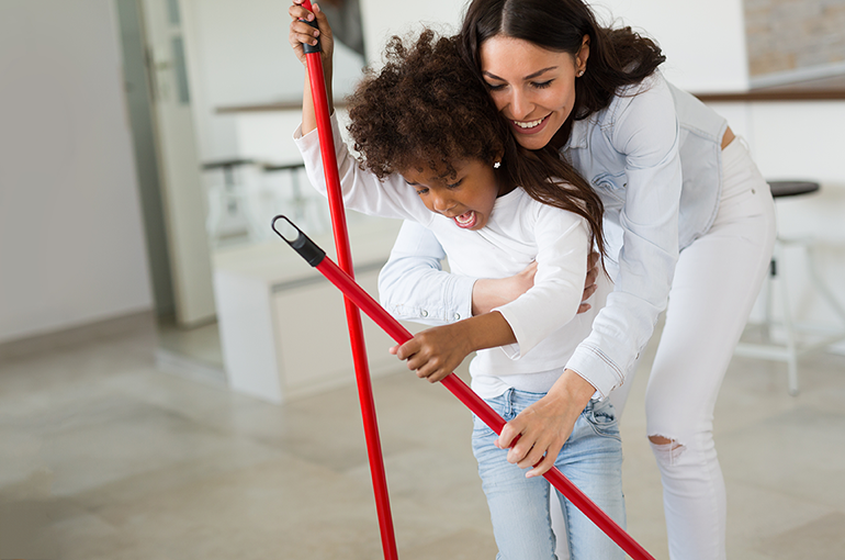 a woman and a child in a Covid-free home